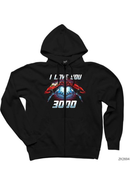 Iron Man I Love You 3000 Siyah Fermuarlı Kapşonlu Sweatshirt
