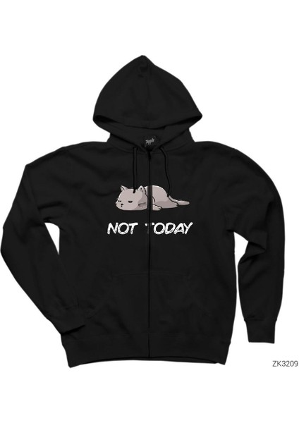 Kedi Not Today Siyah Fermuarlı Kapşonlu Sweatshirt