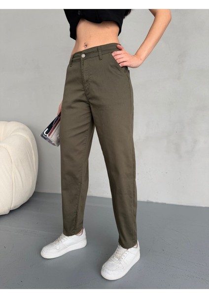 Yüksek Bel Likralı Esnek Mom Pantolon