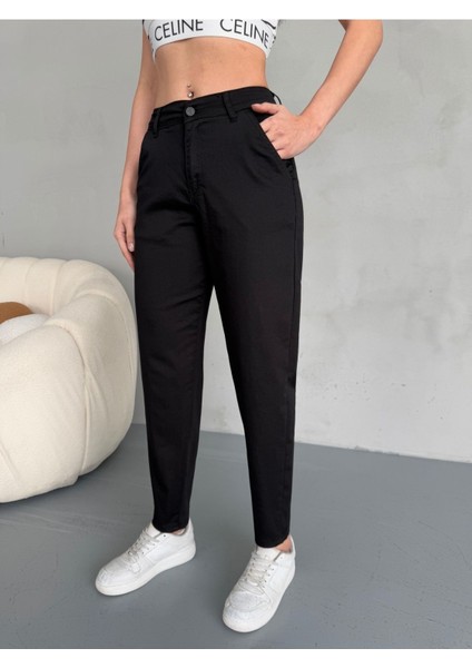 Yüksek Bel Likralı Esnek Mom Pantolon