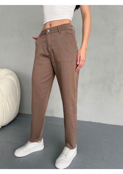 Yüksek Bel Likralı Esnek Mom Pantolon