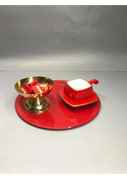 6'lı Metal Kırmızı Tek Kişilik Dekoratif Çay, Kahve ve Pasta Servisi Sunum Tepsisi 23 cm