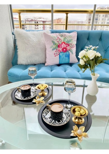 2li Zambak Çiçekli Yuvarlak Siyah Sunum Tepsisi, Dekoratif Servis Tepsisi, Çay, Pasta Kahve 24 cm