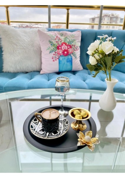 2li Zambak Çiçekli Yuvarlak Siyah Sunum Tepsisi, Dekoratif Servis Tepsisi, Çay, Pasta Kahve 24 cm modelleri