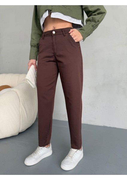 Yüksek Bel Likralı Esnek Mom Pantolon