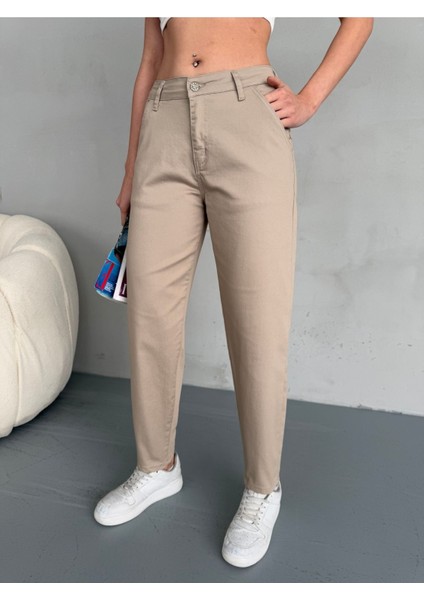 Yüksek Bel Likralı Esnek Mom Pantolon