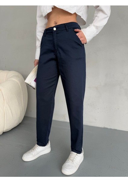 Yüksek Bel Likralı Esnek Mom Pantolon