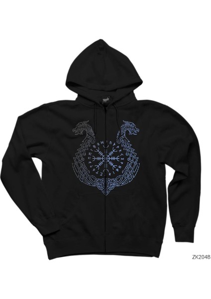 Vikings Aegishjalmur Helm Of Terror Siyah Fermuarlı Kapşonlu Sweatshirt