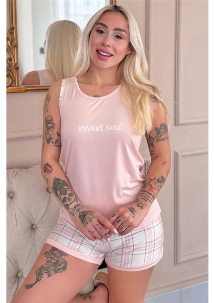 Pudra Sweet Soul Ekose Desenli Sıfır Kol Şortlu Örme Kadın Pijama Takımı