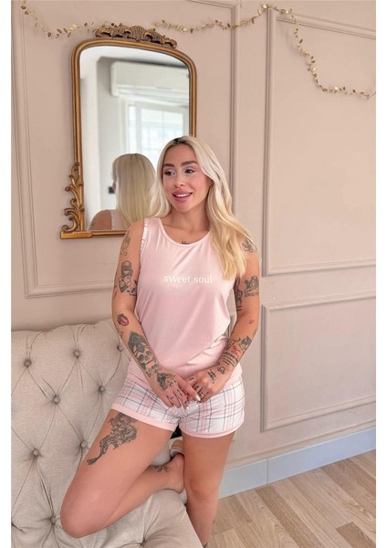 Pudra Sweet Soul Ekose Desenli Sıfır Kol Şortlu Örme Kadın Pijama Takımı fiyatları