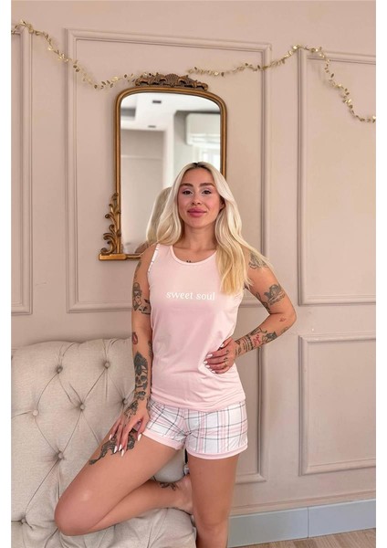 Pudra Sweet Soul Ekose Desenli Sıfır Kol Şortlu Örme Kadın Pijama Takımı modelleri
