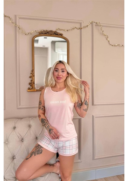 Pudra Sweet Soul Ekose Desenli Sıfır Kol Şortlu Örme Kadın Pijama Takımı fırsatları