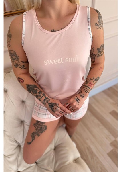 Pudra Sweet Soul Ekose Desenli Sıfır Kol Şortlu Örme Kadın Pijama Takımı indirimleri