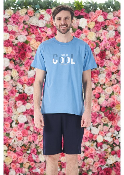 Erkek Şort Tshirt Pijama Takımı 25252 Mavi