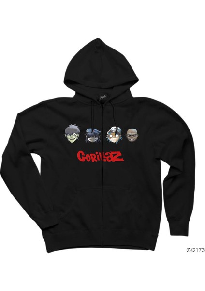 Gorillaz Cartoon 2 Siyah Fermuarlı Kapşonlu Sweatshirt