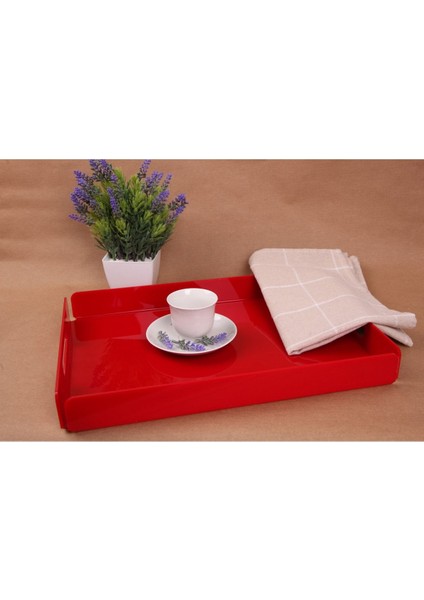 Tutma Saplı Kırmızı Pleksi Tepsi 35X25 cm Servis, Kahve, Çay, Sunum ve Hediyelik Tepsi 3mm