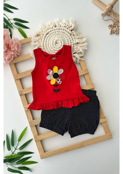 Papatya Desenli Puantiye Şortlu Kız Çocuk askılı takım - Siyah