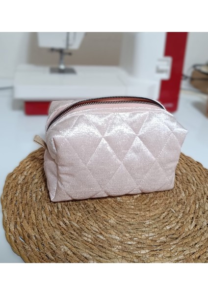 Toz Pembe Şık Kadife Kumaş Organizer Makyaj Çantası Çok Amaçlı Seyehat Çantası - Büyük Boy