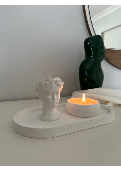 Antik Büst ve Mumluk Seti, Helen Büst Heykeli, 3'lü Mum Set, Minimalist Helen Büstü ve Dekoratif Tepsi Seti