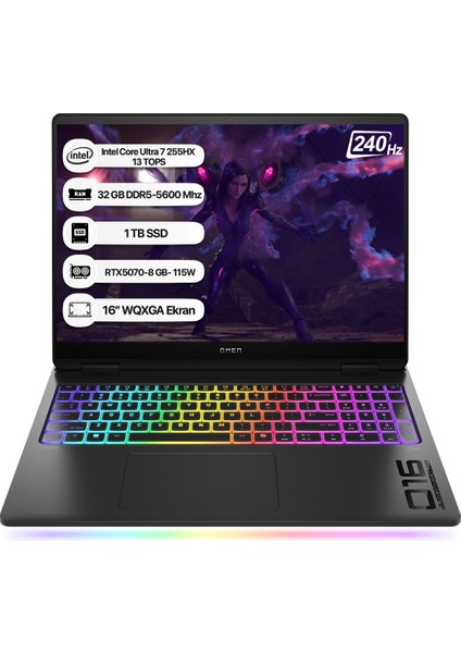 Omen Max B92QXEA Intel Core Ultra 7 255HX 13 Tops 32GB 1tb SSD RTX5070-8GB Freedos 16" Wqxga 240Hz Taşınabilir Bilgisayar