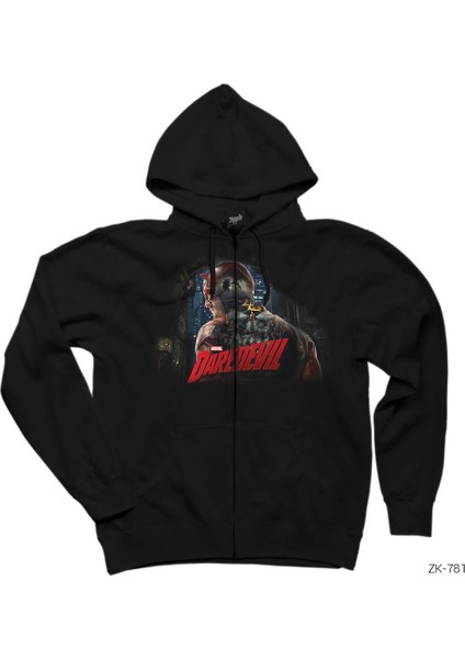 Dare Devil Grunge Siyah Fermuarlı Kapşonlu Sweatshirt