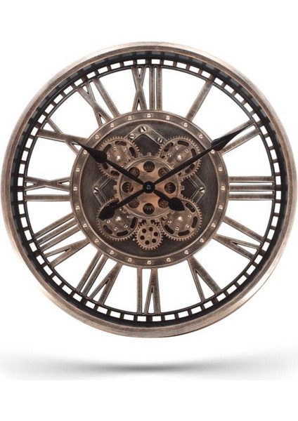 Premium Serisi Antik Eskitme Şeffaf Kadranlı Döner Çarklı 50 Santimetre Ev ve Ofis Duvar Saati Roma Rakamlı Bronz