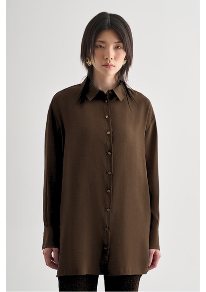 Yan Düğme Detaylı Premium Modal Kahverengi Tunik