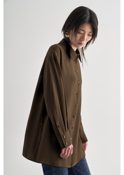 Yan Düğme Detaylı Premium Modal Kahverengi Tunik fiyatları