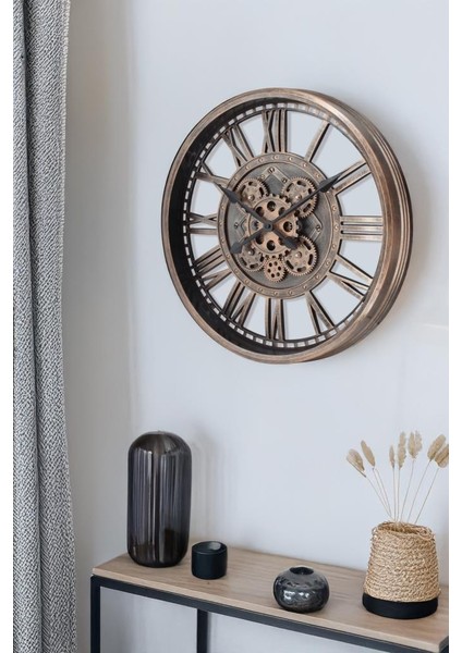 Premium Serisi Antik Eskitme Şeffaf Kadranlı Döner Çarklı 50 Santimetre Ev ve Ofis Duvar Saati Roma Rakamlı Bronz modelleri