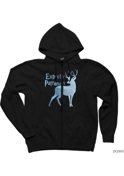 Harry Potter Expecto Patronum Siyah Fermuarlı Kapşonlu Sweatshirt