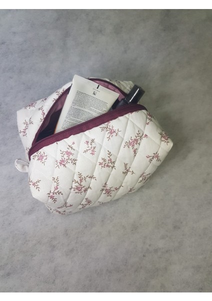 Makyaj Çantası Bordo Çiçekli Kapitone modelleri