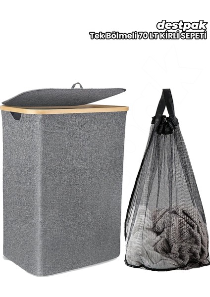 70 Lt Tek Bölmeli Bambu Kumaş Kirli Çamaşır Sepeti Joseph Model - Kapaklı - Yıkanabilir File Torba