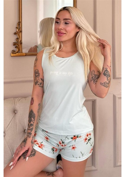 Mint Spring Is My Life Desenli Sıfır Kol Şortlu Örme Kadın Pijama Takımı