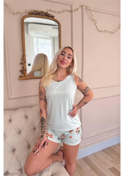 Mint Spring Is My Life Desenli Sıfır Kol Şortlu Örme Kadın Pijama Takımı fiyatları