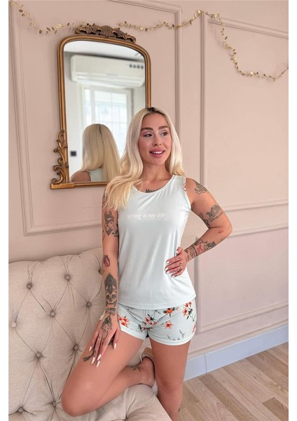 Mint Spring Is My Life Desenli Sıfır Kol Şortlu Örme Kadın Pijama Takımı modelleri