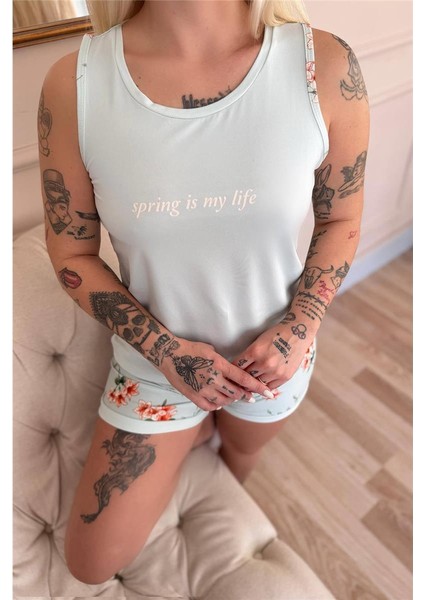 Mint Spring Is My Life Desenli Sıfır Kol Şortlu Örme Kadın Pijama Takımı indirimleri