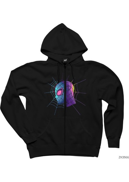 Spiderman Spider Web Siyah Fermuarlı Kapşonlu Sweatshirt