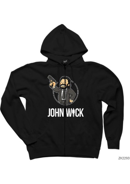 John Wick Cartoon Siyah Fermuarlı Kapşonlu Sweatshirt