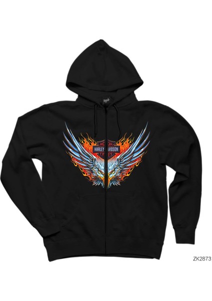 Harley Davidson Eagle Siyah Fermuarlı Kapşonlu Sweatshirt
