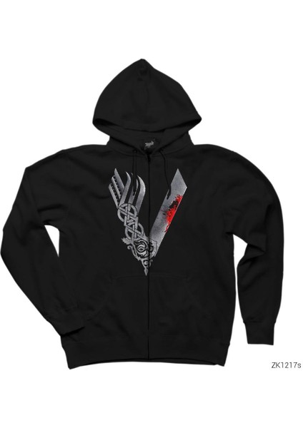 Vikings Blood Logo Siyah Fermuarlı Kapşonlu Sweatshirt