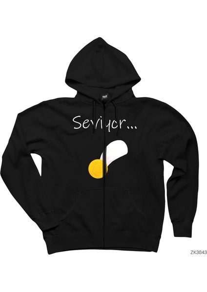 Seviyor Papatya Siyah Fermuarlı Kapşonlu Sweatshirt