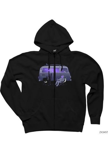 Karavanlı Uzaylı Siyah Fermuarlı Kapşonlu Sweatshirt