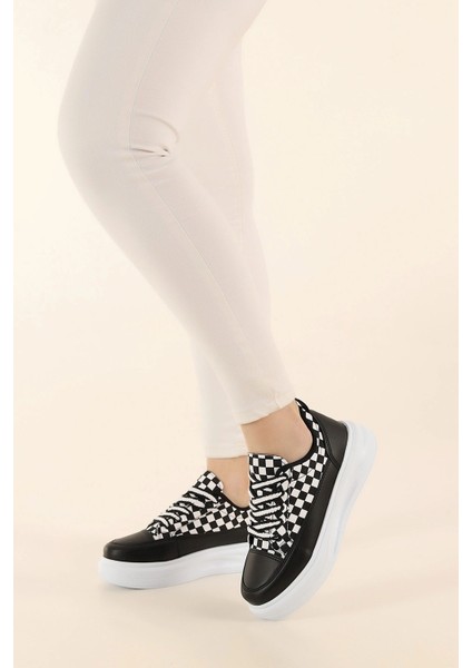 Kadın Yüksek Taban Damalı Hafif Rahat Keten Günlük Bağcıklı Kadın Sneaker Spor Ayakkkabı