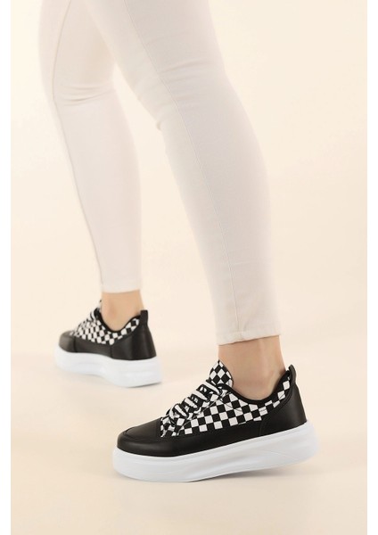 Kadın Yüksek Taban Damalı Hafif Rahat Keten Günlük Bağcıklı Kadın Sneaker Spor Ayakkkabı