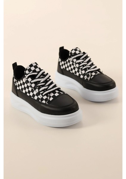 Kadın Yüksek Taban Damalı Hafif Rahat Keten Günlük Bağcıklı Kadın Sneaker Spor Ayakkkabı