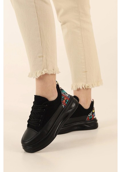 Kadın Yüksek Taban Desenli Hafif Rahat Keten Günlük Bağcıklı Kadın Sneaker Spor Ayakkkabı