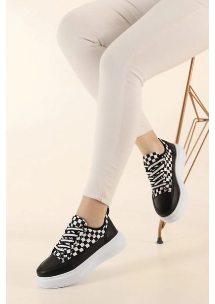 Kadın Yüksek Taban Damalı Hafif Rahat Keten Günlük Bağcıklı Kadın Sneaker Spor Ayakkkabı