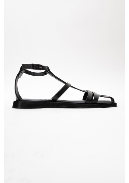 Odeil Siyah Hakiki Deri Kadın Sandalet modelleri