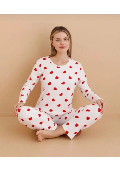 Heart Desen Mevsimlik Viskon Penye Kadın Pijama Takımı-Kalp Desen-Alt Üst Takım -Özel Viskon Kumaş