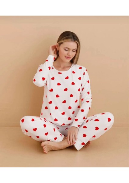 Heart Desen Mevsimlik Viskon Penye Kadın Pijama Takımı-Kalp Desen-Alt Üst Takım -Özel Viskon Kumaş